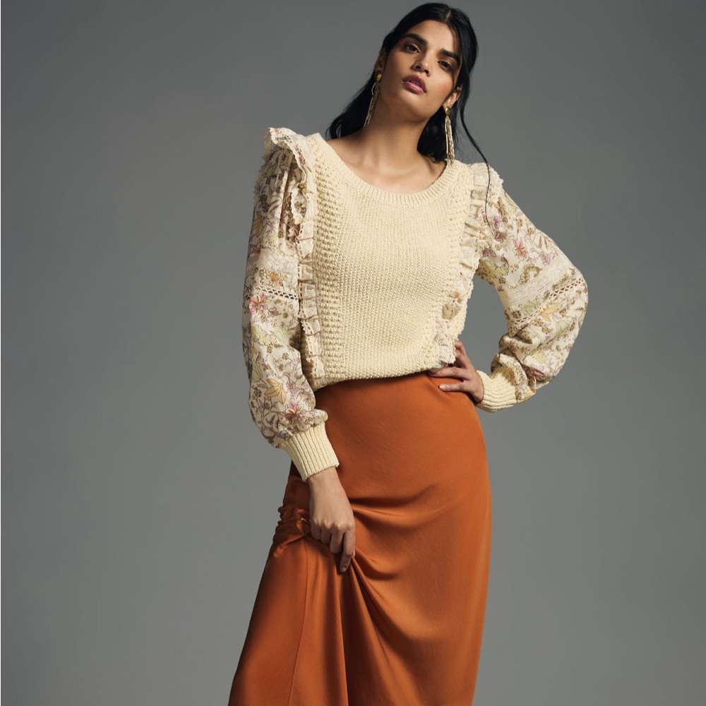 Printed sleeve ruffle sweater